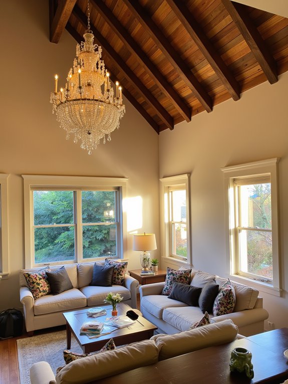 bold chandeliers enhance sloped ceilings