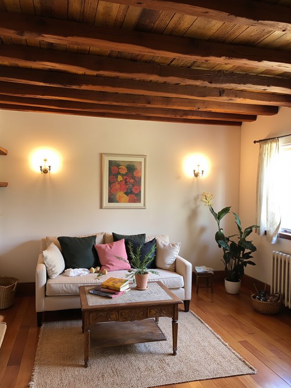 stylish sconces highlight beams