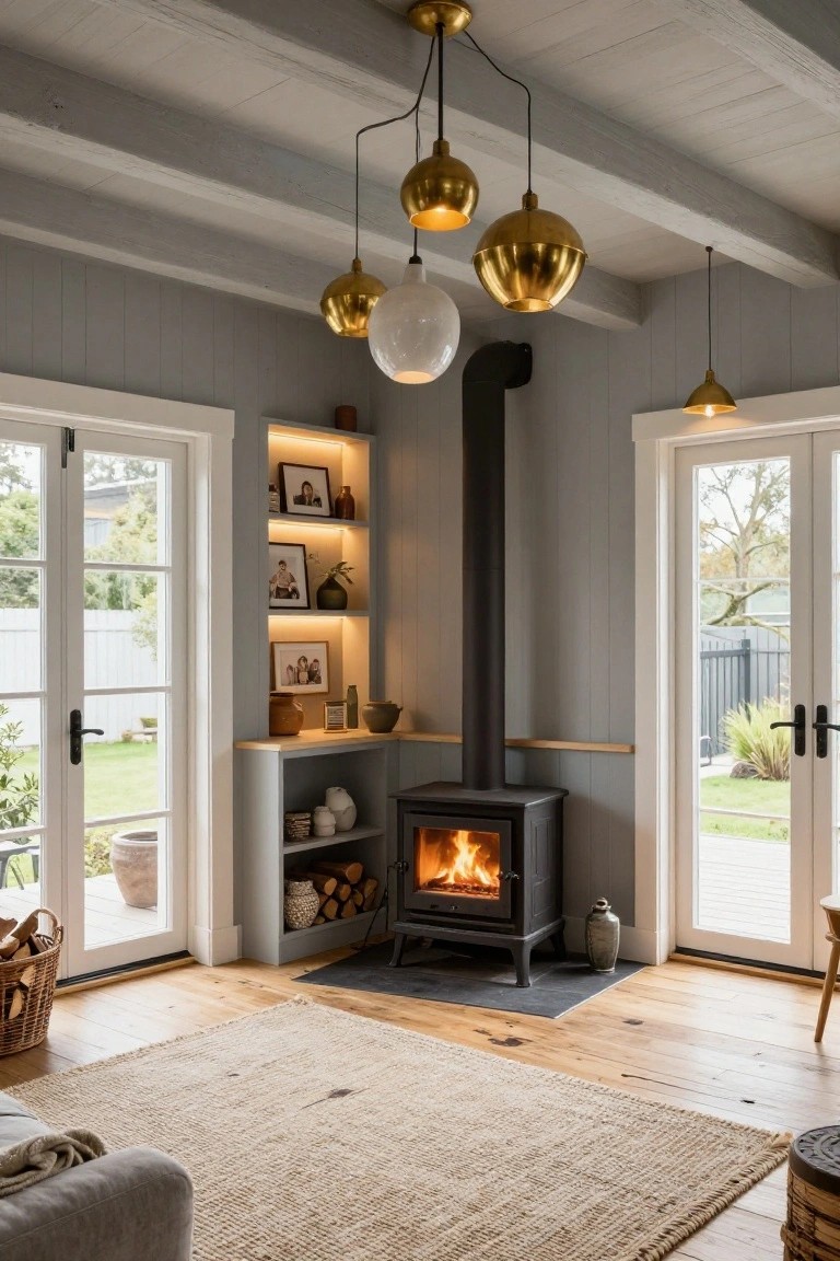 Corner of a living room featuring a black wood-burning stove with lit fire, built-in oak shelves with photos and pottery, French doors opening to a backyard, oak flooring, seagrass rug, and multiple hanging brass and white globe pendant lights from exposed timber ceiling beams.