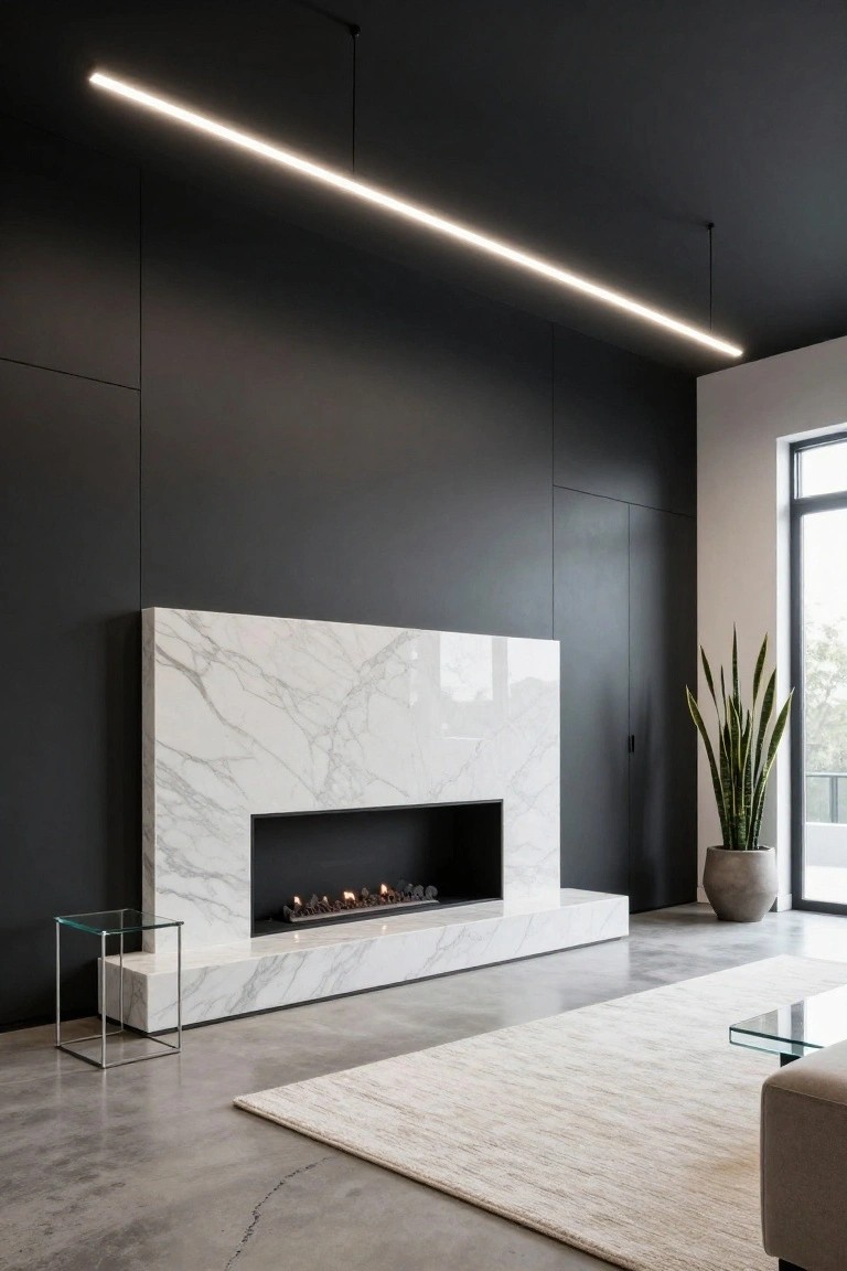 Modern living room with black walls, white marble fireplace with gas flames, long horizontal white LED pendant light suspended above, polished concrete floor, white rug, glass coffee table, beige sofa, potted snake plant, and large window.
