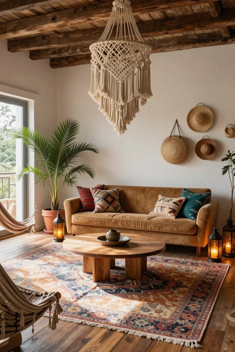 Living room featuring exposed wooden beam ceiling, large white macrame hanging chandelier, tan suede sofa with patterned pillows, potted palm plant, woven straw hats on white wall, low wooden coffee table, colorful rug, hammock chair, and metal lanterns.
