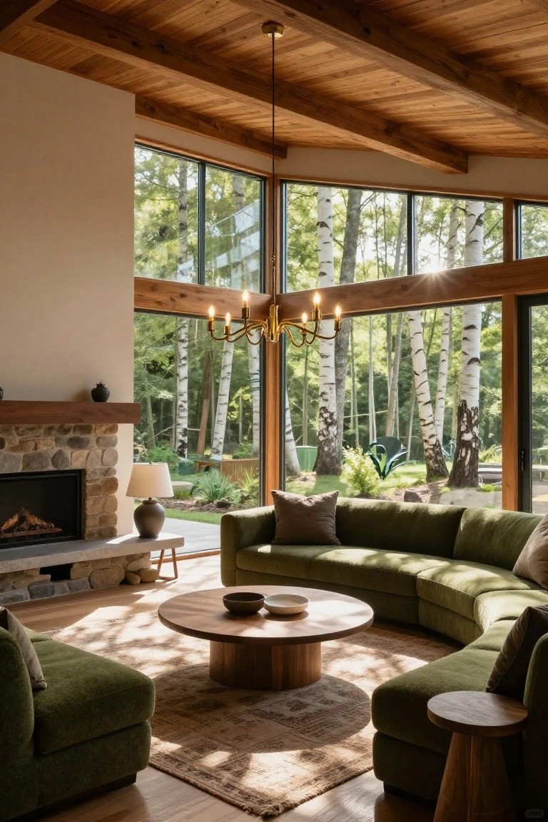 Living room with vaulted wooden beam ceiling, brass candelabra chandelier, curved green sofa, round wooden coffee table, stone fireplace, and large windows showing birch trees outside.