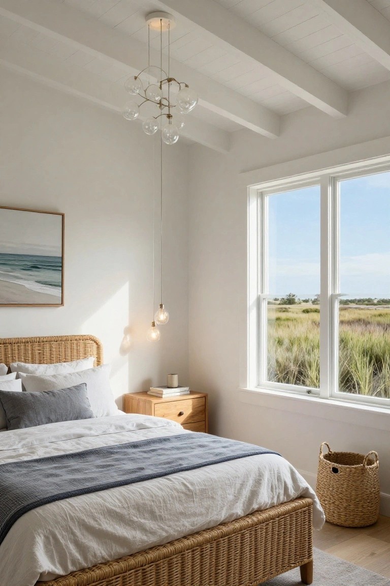 Bedroom with rattan bed, white linens, wooden nightstand, abstract seascape painting on wall, large windows showing marshland view, and brass chandelier with multiple clear glass globes hanging from vaulted ceiling with exposed beams.