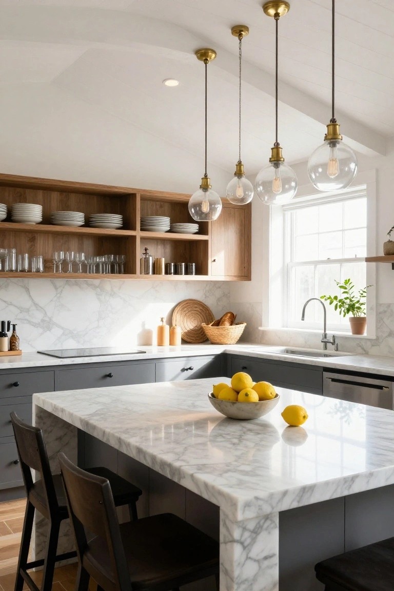 Modern kitchen interior with vaulted white ceiling, four brass globe pendant lights hanging over a white marble island with gray cabinets, wood upper shelves, and a window nearby.