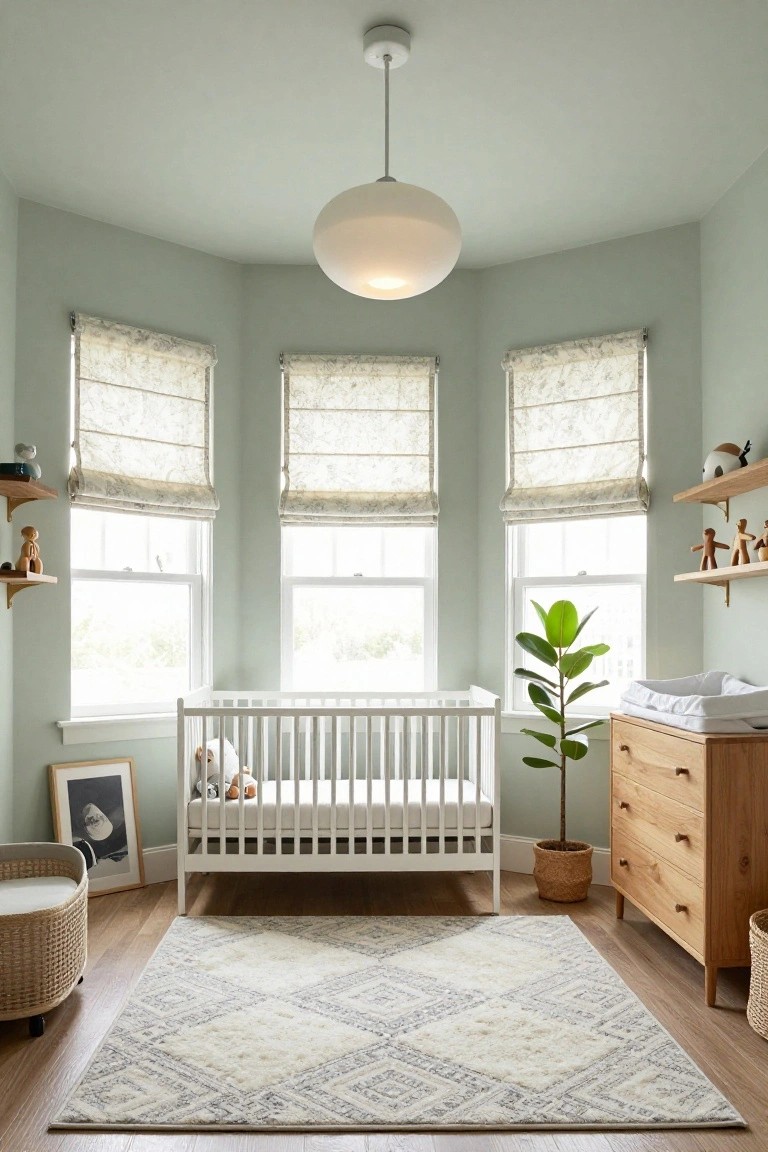 Nursery room with pale green walls, three large windows with sheer roman shades, white wooden crib with stuffed animals, wooden dresser with changing pad, potted plant, floating shelves with wooden toys, white globe pendant light from ceiling, patterned rug on wood floor, and woven baskets.