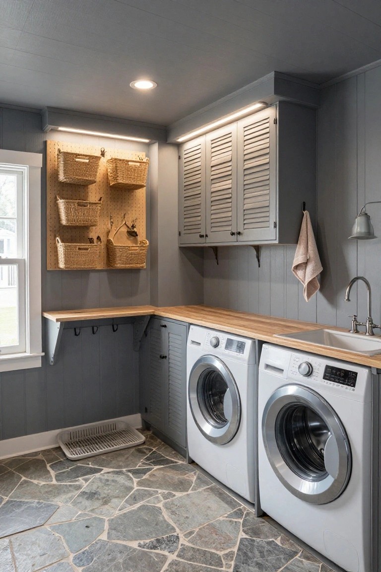 Gray shiplap-walled laundry room with two white front-load washers and dryers under a wooden countertop and stainless sink, louvered cabinets above, pegboard wall with wicker baskets, and stone tile floor.