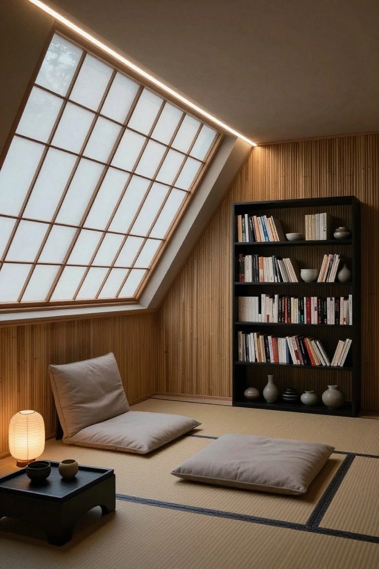 Japanese-style interior room with vaulted shoji window, slanted ceiling edged with slim LED lighting, bamboo-paneled walls, black bookshelves with ceramics, tatami flooring, beige cushions, low black table with teacups, and paper lantern.