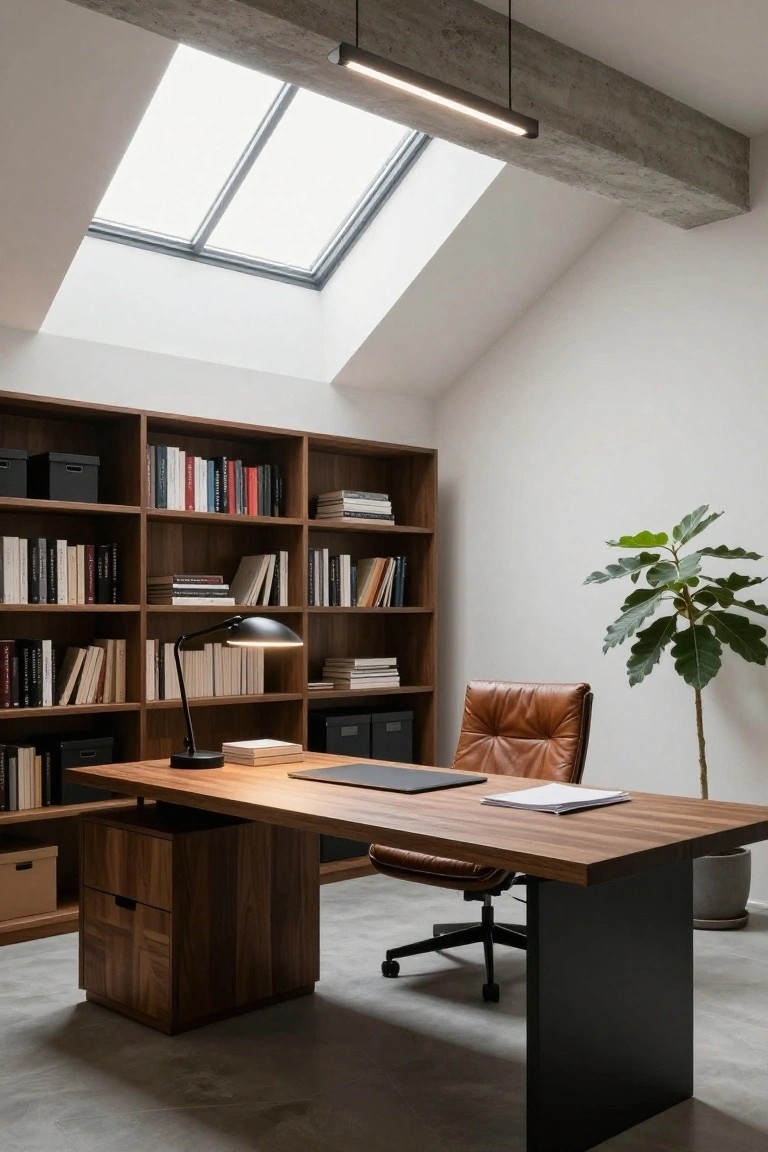 Modern home office under vaulted ceiling with skylights, linear pendant light over wooden desk, walnut bookshelves, tan leather chair, and potted ficus plant on concrete floor.