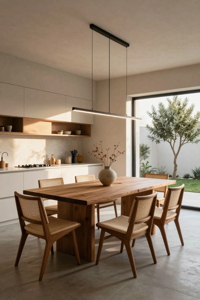 Modern open-plan kitchen-dining room with white flat-panel cabinets, open wood shelves, live-edge wooden table, rattan-back chairs, polished concrete floor, large floor-to-ceiling window to garden with olive tree, and two linear pendant lights hanging from the ceiling.