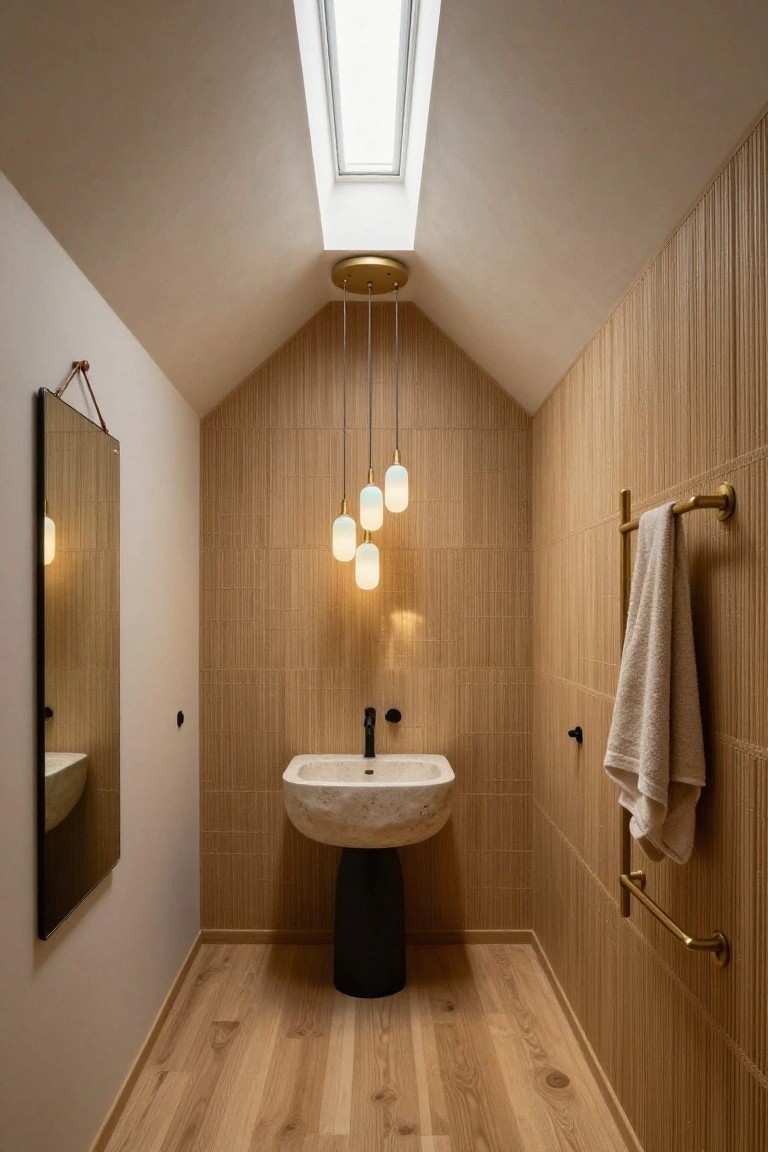 Narrow interior bathroom with vaulted ceiling and skylight, vertical wood slat walls and floor, full-length mirror on leather strap, white stone vessel sink on black pedestal base, black faucet, gold towel rail with white towel, and four white opal pendant lights hanging from gold ceiling mount.