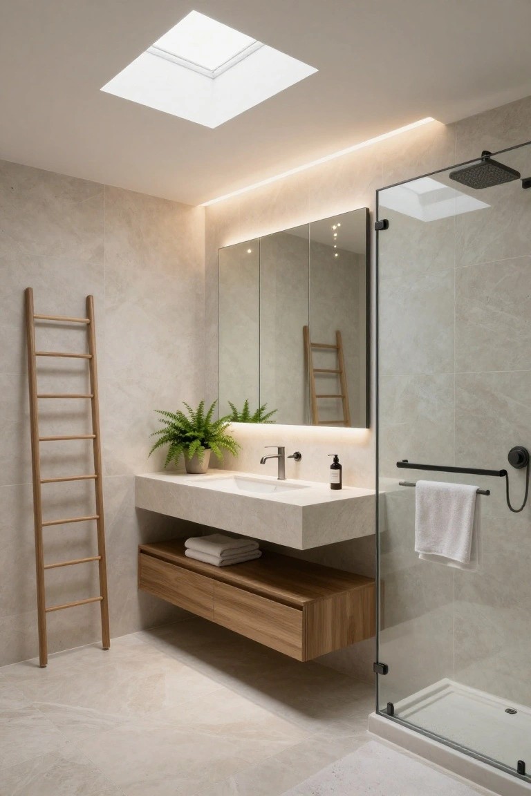 Modern bathroom with beige stone tile walls and floor, square skylight overhead, floating white vanity with wooden storage below, wooden ladder towel rack, potted fern plant, and frameless glass shower enclosure with black fixtures.