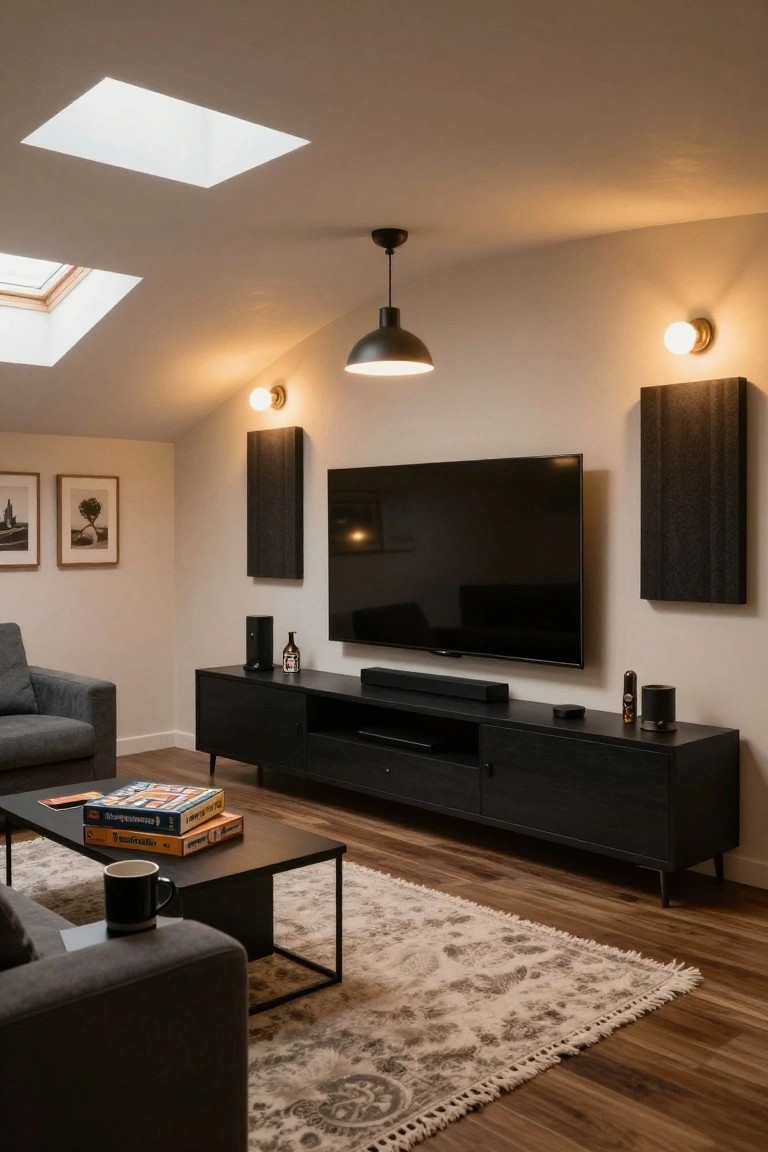 Modern living room with vaulted ceiling and skylights, black pendant light, wall sconces, large wall-mounted TV flanked by black speakers, black media console, gray sofa, black coffee table with board games, and patterned rug on wood floors.