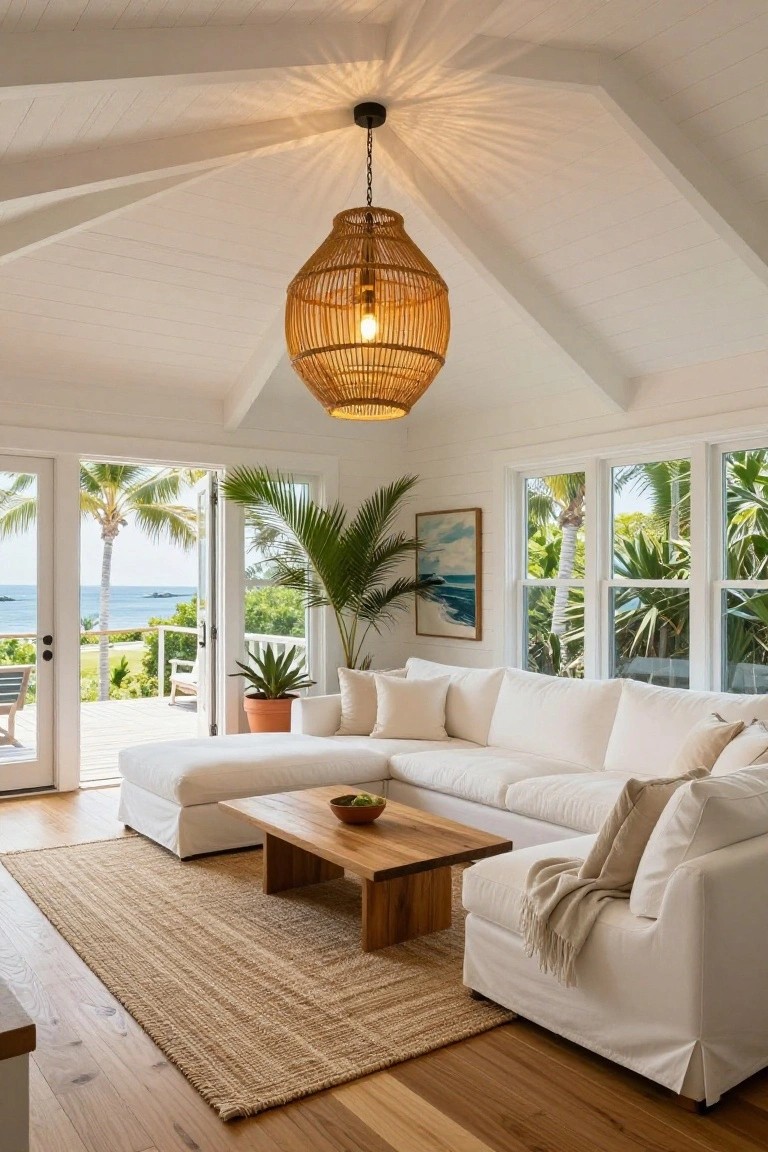 A bright living room under a white vaulted ceiling with a large hanging wicker pendant light, white L-shaped sofa, wooden coffee table with fruit bowl, potted plants, and French doors open to a tropical ocean view.