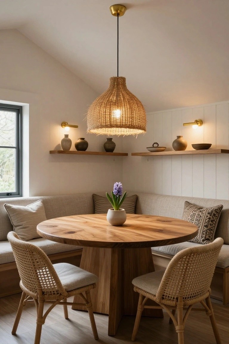 Dining nook in a room with vaulted white ceiling and black window, featuring a large hanging woven rattan pendant light over a round wooden table with white ceramic vase, beige banquette seating with pillows, rattan chairs, wall shelves holding pottery, and wall sconces.