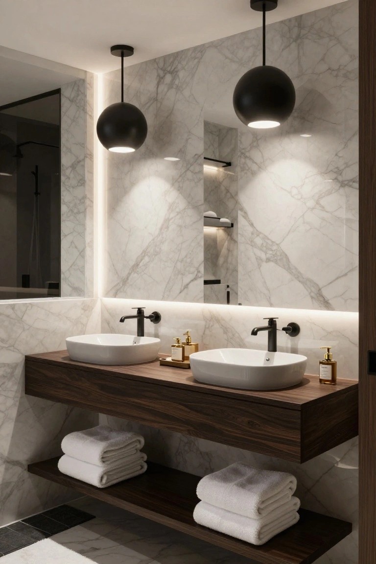 Modern bathroom with white marble walls and floors, floating dark wood vanity holding two white vessel sinks, two black spherical pendant lights hanging above the sinks, gold accessories on the vanity, and stacked white towels on shelves underneath.