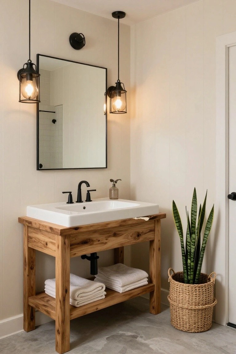 Bathroom corner with wooden vanity holding white sink, black metal pendant lanterns hanging above, black-framed mirror on wall, folded towels on lower shelf, potted snake plant in woven basket, and beige shiplap walls.