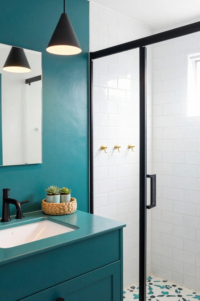 Teal-painted bathroom with black cone pendant lights hanging over a matching teal vanity and sink, white subway tile shower enclosure with black frame, potted succulents on the counter, and colorful tile floor.