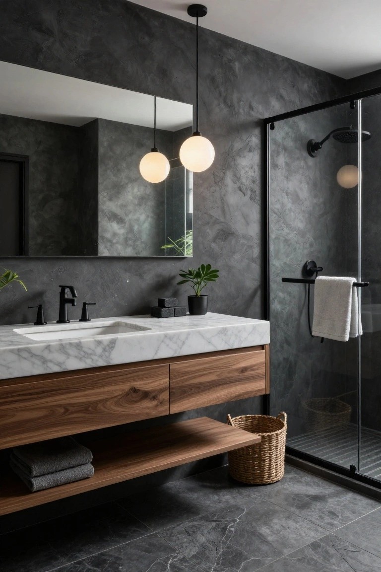 Modern bathroom with dark textured gray walls, floating walnut wood vanity, white marble countertop and sink, black faucet and fixtures, potted plants, white towels, woven basket, glass shower enclosure, and two black pendant lights with white globes hanging over the mirror.