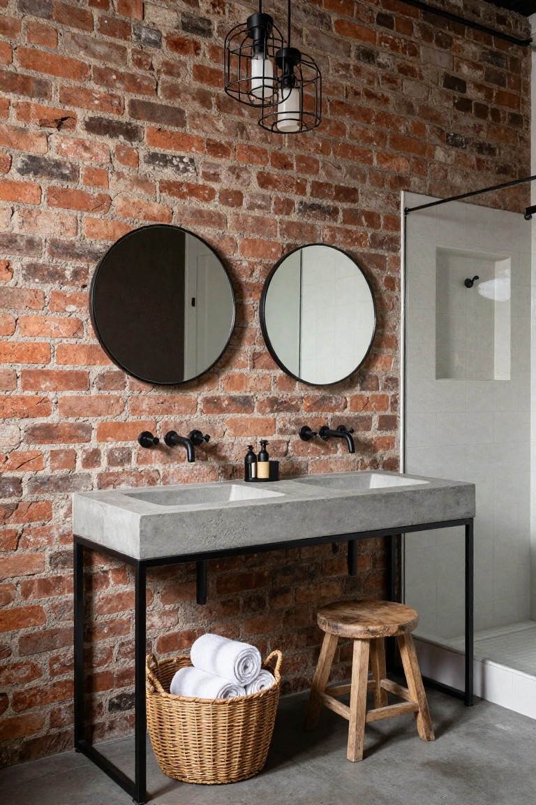 Bathroom interior with exposed red brick walls, black wire cage pendant light hanging over a white concrete double vanity on black metal legs, two round black-framed mirrors, black wall faucets, woven basket of white towels, wooden stool, and glass shower enclosure.