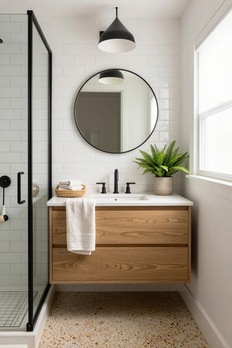 Modern small bathroom with white subway tile walls, floating oak vanity topped with sink and black faucet, folded white towels in basket, round black-framed mirror, hanging black pendant light, potted fern plant, and black-framed glass shower enclosure on beige terrazzo floor.