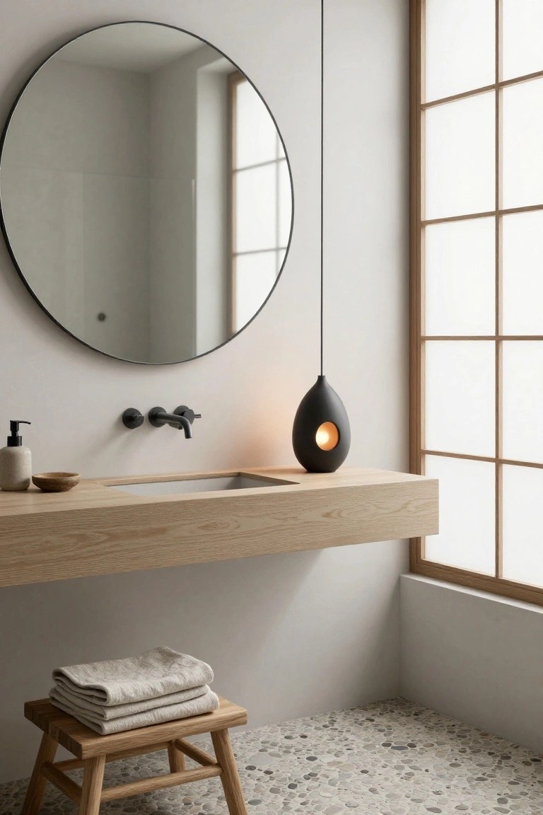 Minimalist bathroom with floating oak vanity, undermount sink, black wall faucet, black teardrop pendant light with cutout, large round black-framed mirror, shoji window, wooden stool with folded linen towels, and pebble floor.