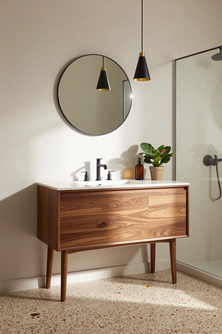 Bathroom with walnut wood vanity cabinet on tapered legs, white countertop and sink, black matte faucet and handles, two black conical pendant lights with gold interiors hanging above, round black-framed mirror, potted green plant, amber glass bottles, and glass shower enclosure on beige terrazzo floor.