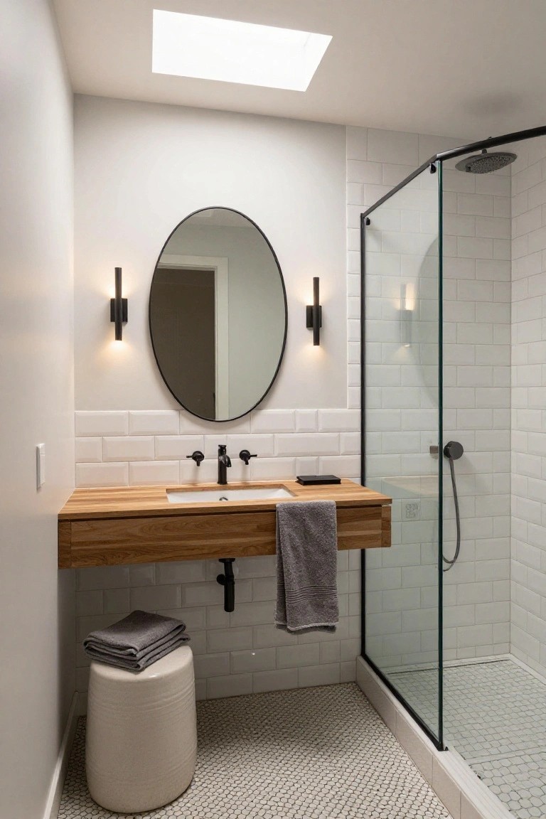 Modern bathroom featuring white subway tile walls, floating wood vanity with white sink, large oval black-framed mirror flanked by two black linear wall sconces, glass shower enclosure with black hardware, and white penny tile floor.