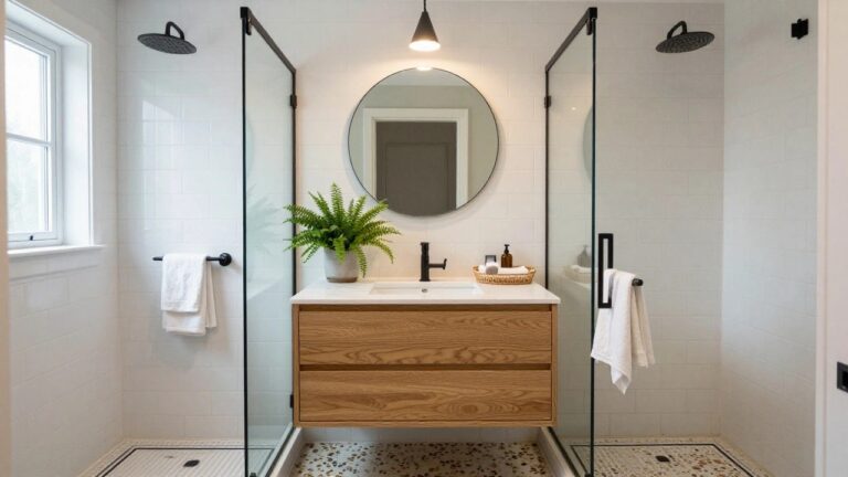 Modern small bathroom with white subway tile walls, floating oak vanity topped with sink and black faucet, folded white towels in basket, round black-framed mirror, hanging black pendant light, potted fern plant, and black-framed glass shower enclosure on beige terrazzo floor.