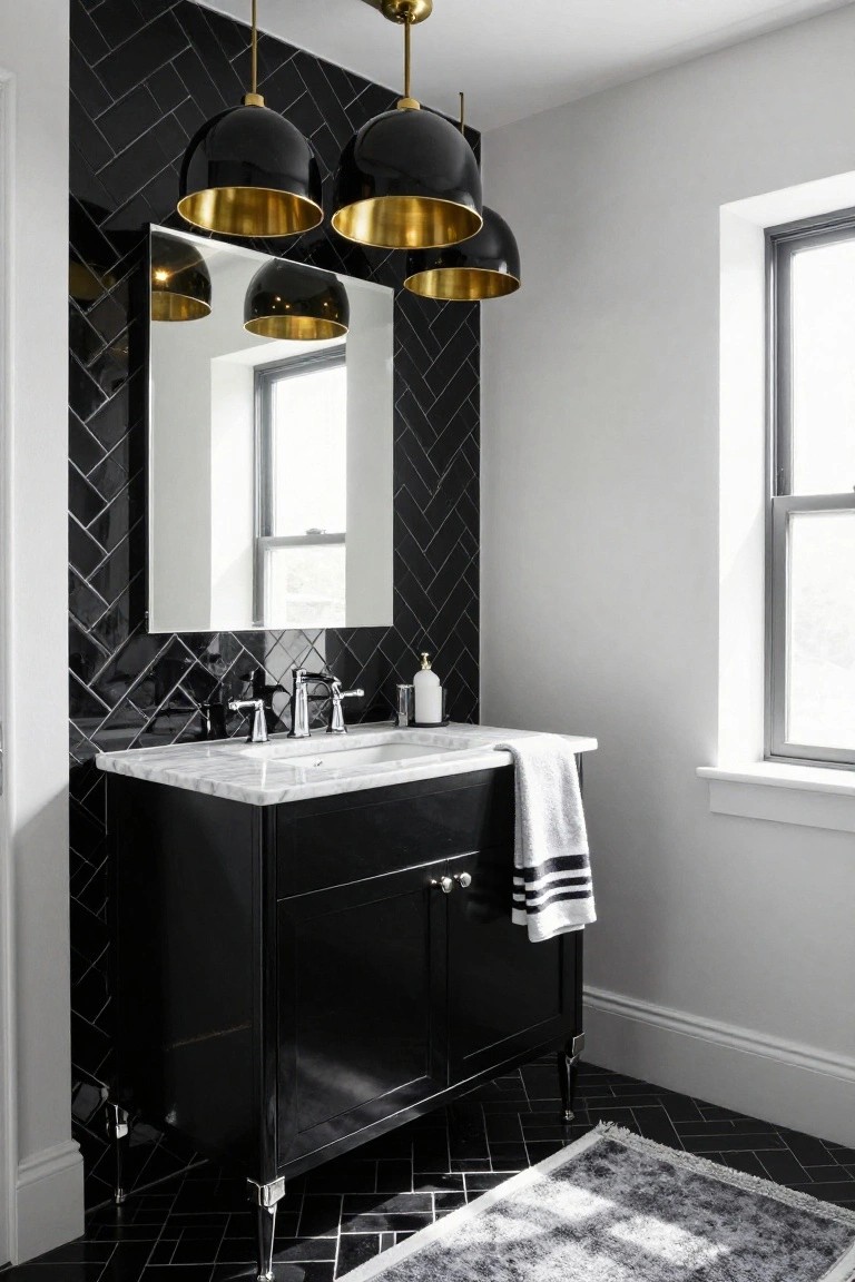 Bathroom with black herringbone tile walls and floor, black wood vanity cabinet with white marble countertop and sink, three black pendant lights with gold interiors hanging above, large rectangular mirror, and window with white trim.