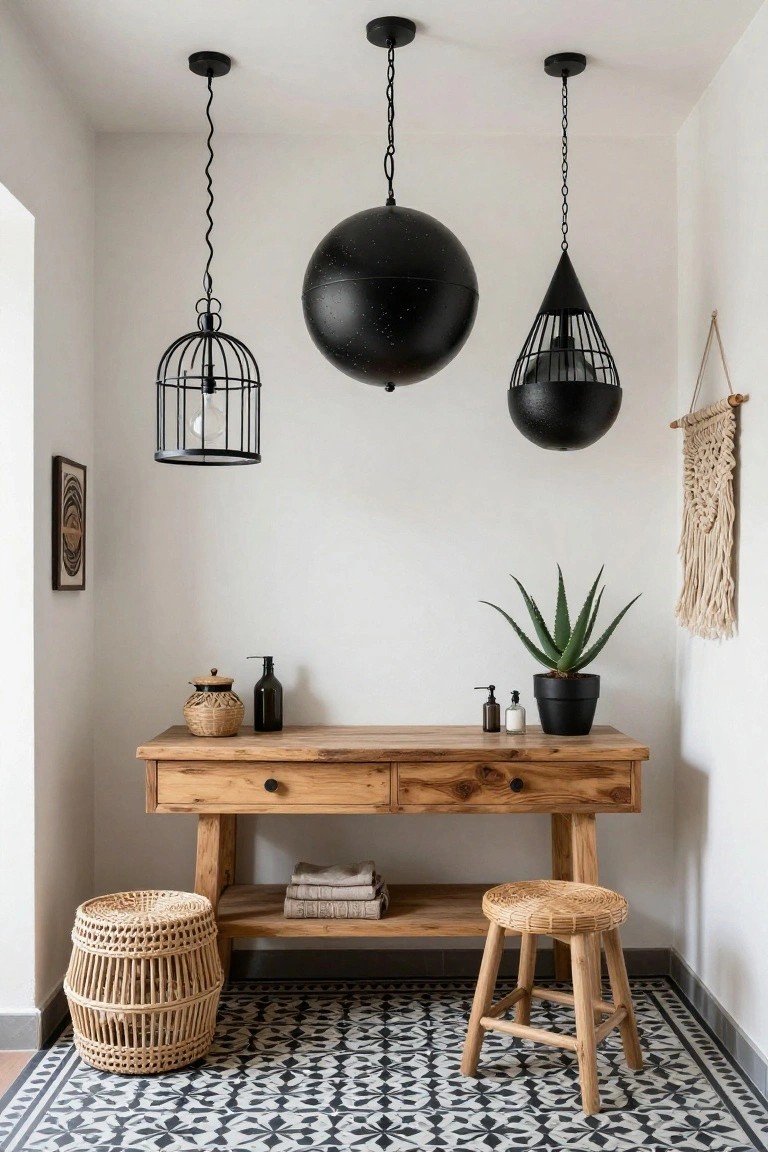 White-walled interior nook with wooden console table topped by bottles and baskets, three black pendant lights hanging above including cage and orb shapes, aloe plant in black pot, wicker stool, and black-and-white patterned tile floor.