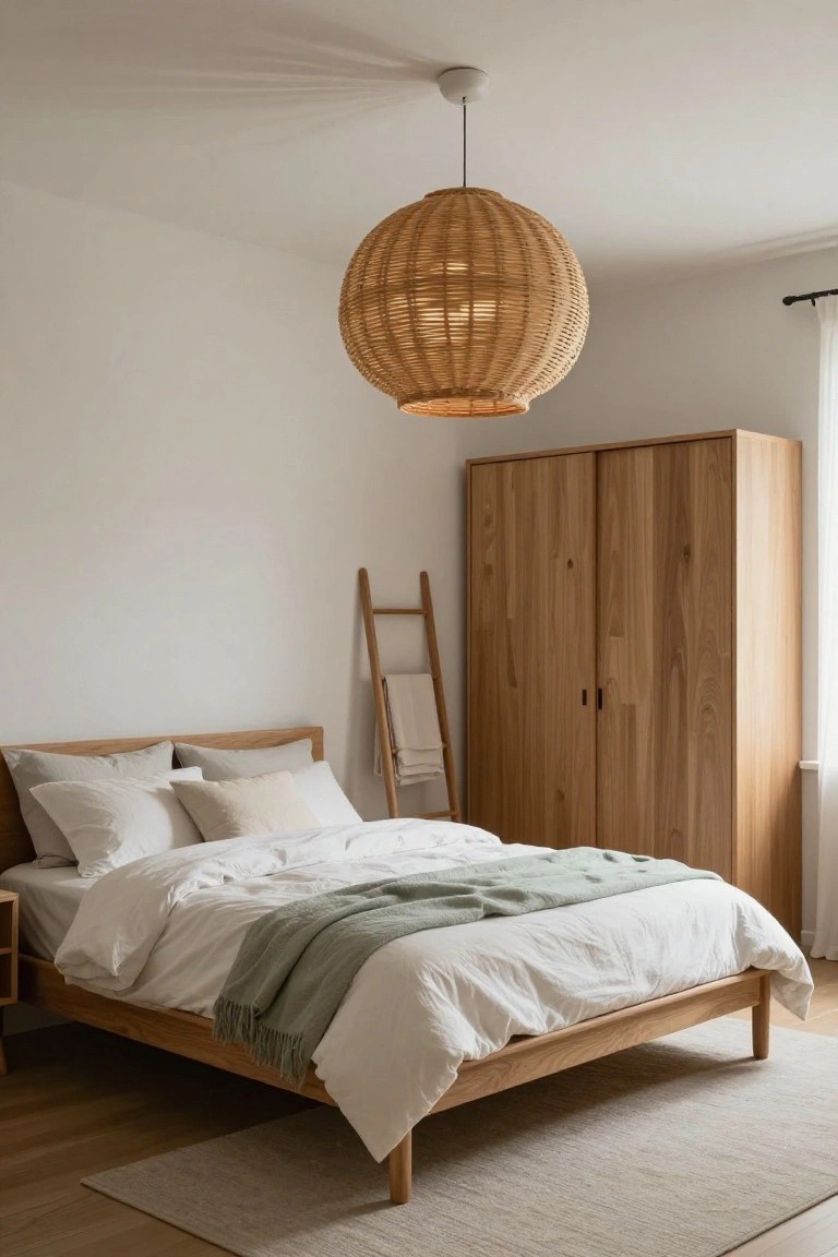 Bedroom with oak wood bed draped in white bedding and green throw, tall wooden wardrobe, wooden ladder holding towels, large woven rattan pendant light hanging from ceiling, light wood floor and neutral rug.