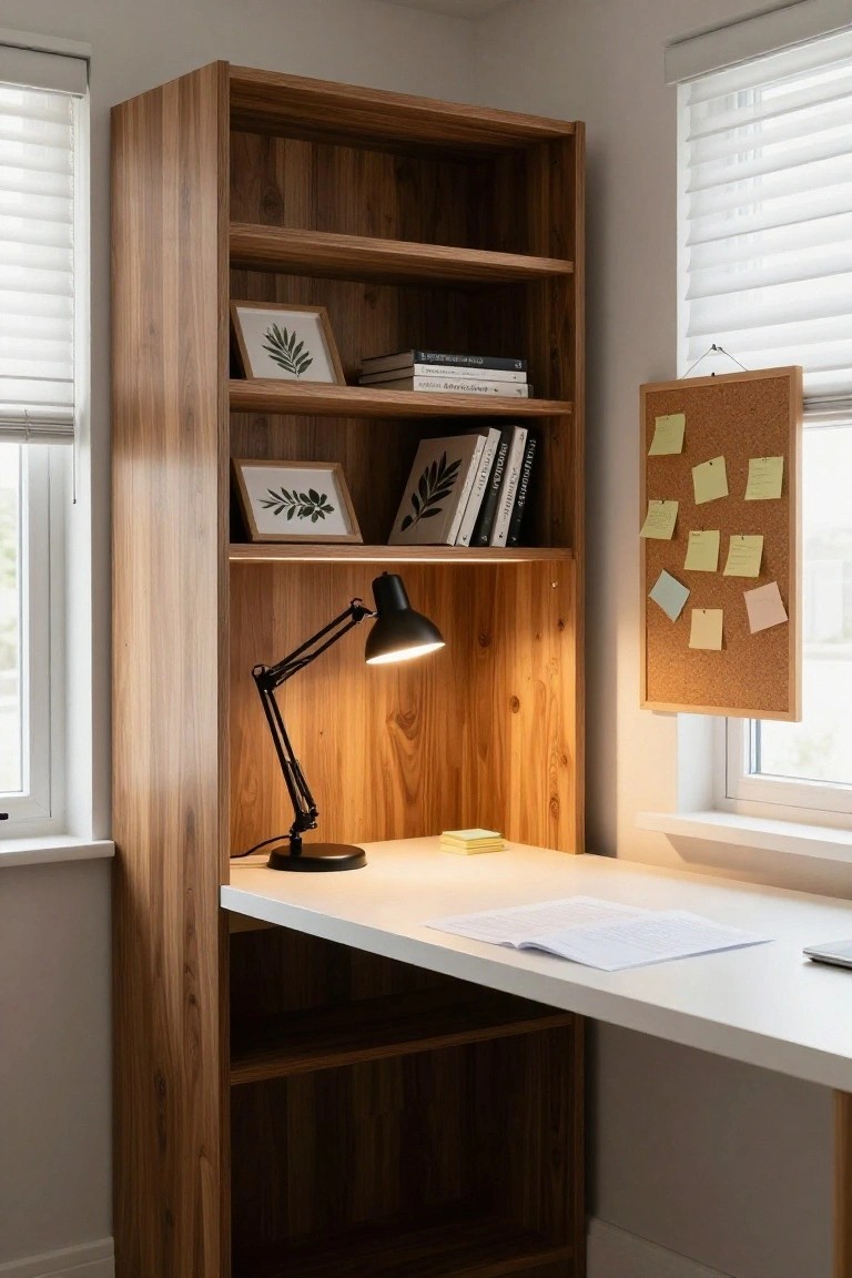 Tall wooden bookshelf unit with integrated white desk holding an open notebook and stack of yellow sticky notes, lit by black adjustable gooseneck lamp, corkboard with notes hanging nearby, in room with white blinds on windows.