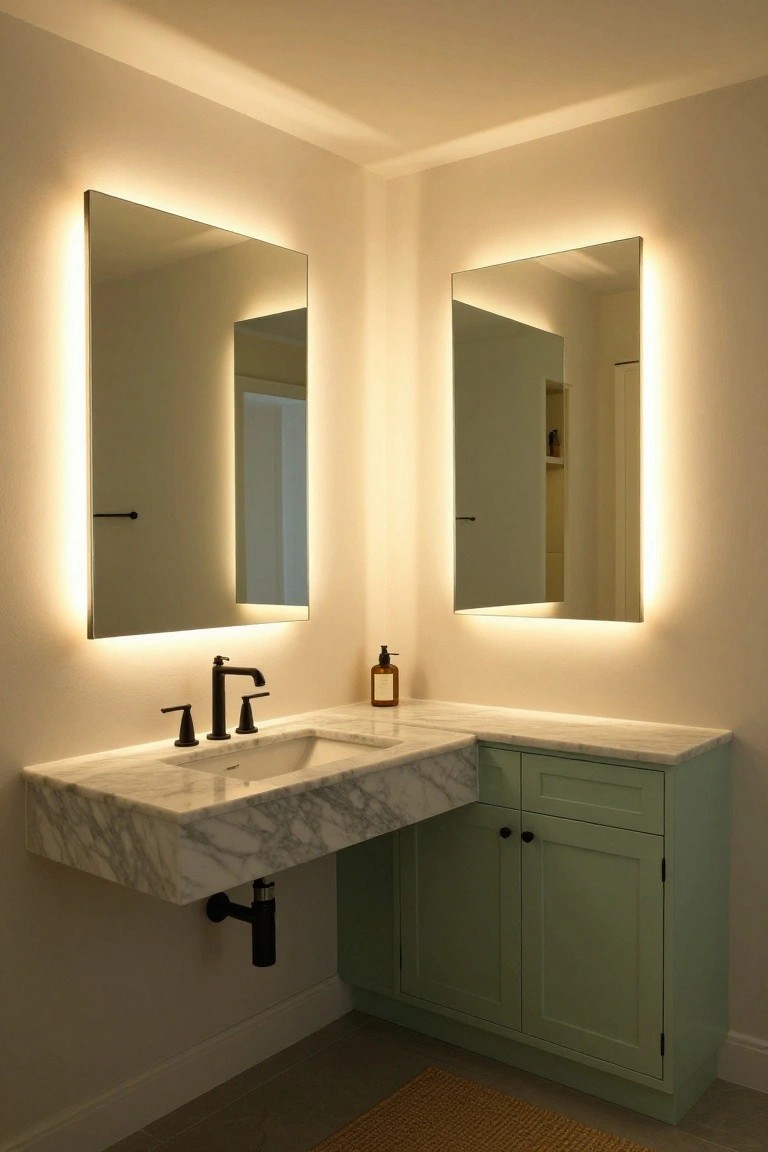 Corner bathroom with two tall rectangular mirrors featuring warm LED backlighting along their edges, floating white marble vanity sink with black faucet, mint green corner cabinet, neutral walls, and beige tile floor.