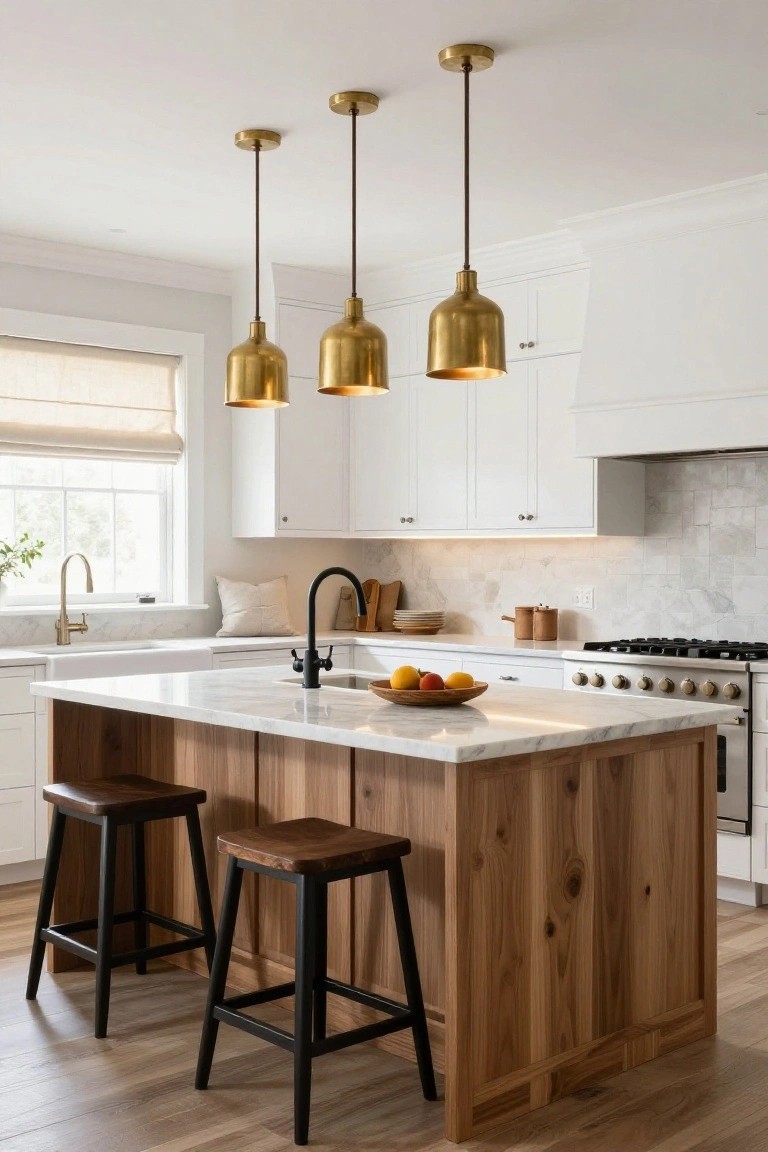 Kitchen interior with white cabinets, marble counters and island supported by wood panels, black stools, gas stove, and three conical brass pendant lights hanging above the island.
