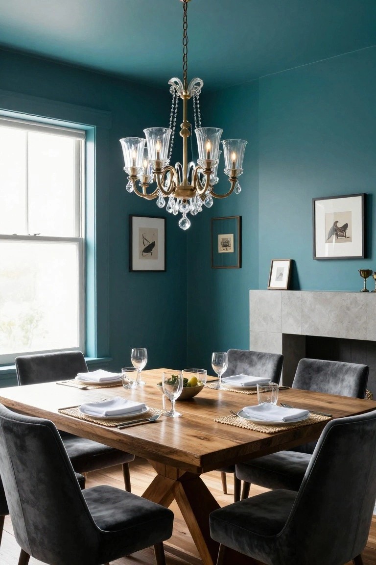 Dining room featuring a crystal chandelier over a wooden table set with white napkins, glassware, and fruit bowl, surrounded by gray velvet chairs, teal walls, framed artwork, and a concrete fireplace.