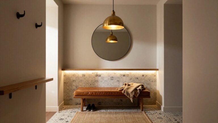 Narrow indoor entryway with oak console table lit by LED strip underneath, tan leather bench with beige blanket and shoes, round black-framed mirror above, brass pendant light, wall hooks, seagrass rug on white patterned tile floor, and blue door.