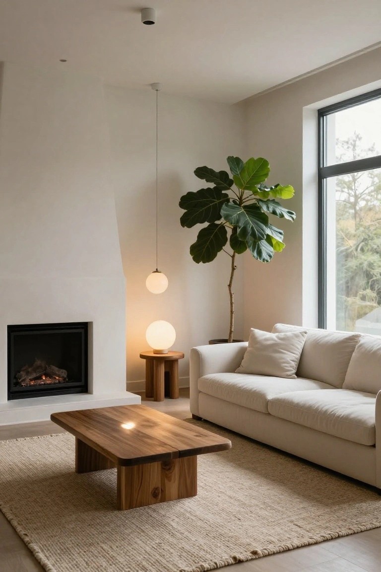 Modern living room with cream sofa on seagrass rug, low wooden coffee table, gas fireplace, wooden side table with white globe lamp, suspended white globe pendant light, large fiddle leaf fig plant, and floor-to-ceiling window overlooking trees.