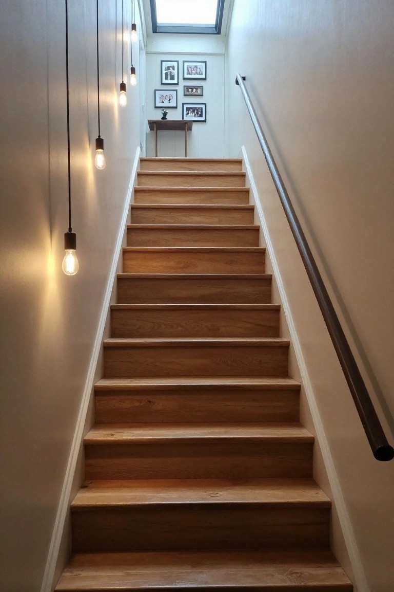 Vertical view of wooden stairs with multiple black-cord pendant lights hanging along the left wall, metal handrail on the right, framed family photos on walls, small side table at landing, and skylight overhead.