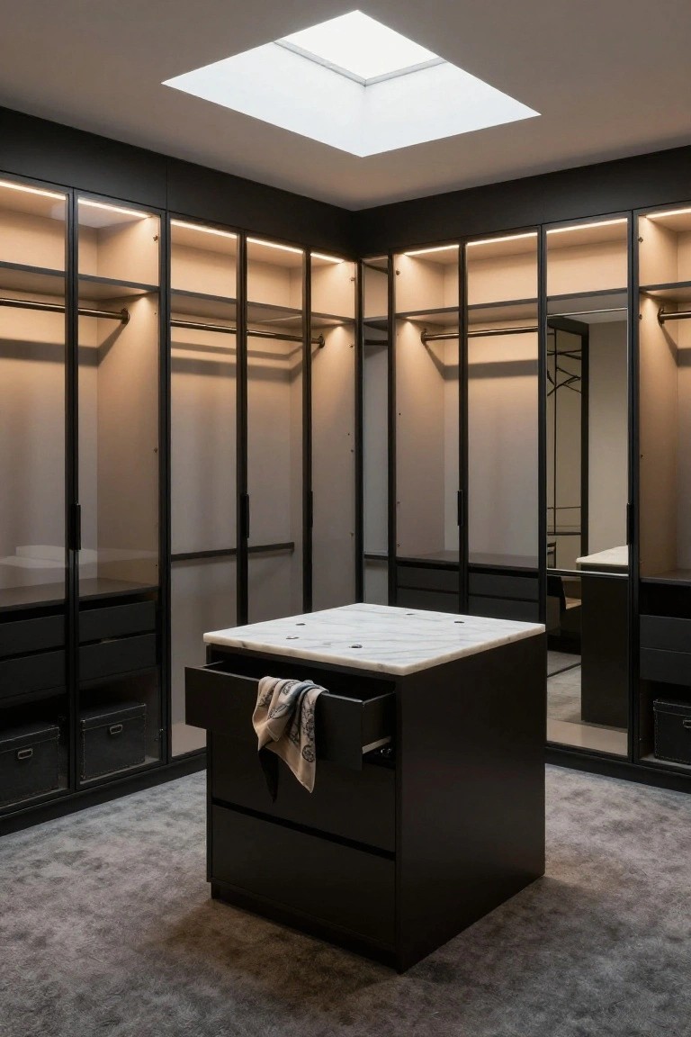 Modern walk-in closet with black-framed glass wardrobes featuring integrated LED strip lighting along edges, central black island with white marble top and open drawer, mirrors, gray carpet floor, and skylight above.