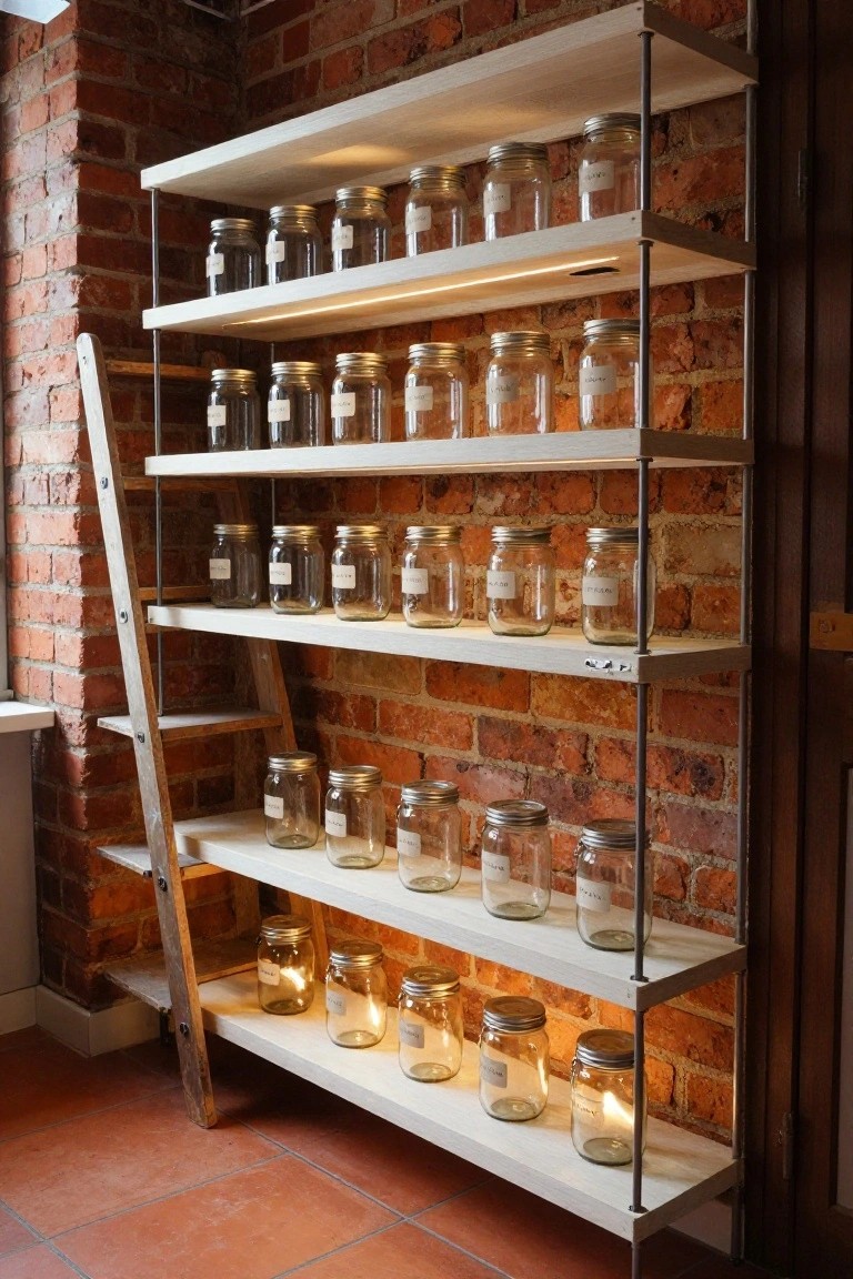 Tall freestanding ladder shelf with wooden steps against an exposed brick wall, holding multiple rows of labeled glass jars on white wooden shelves, some jars lit from inside with under-shelf LED lighting.