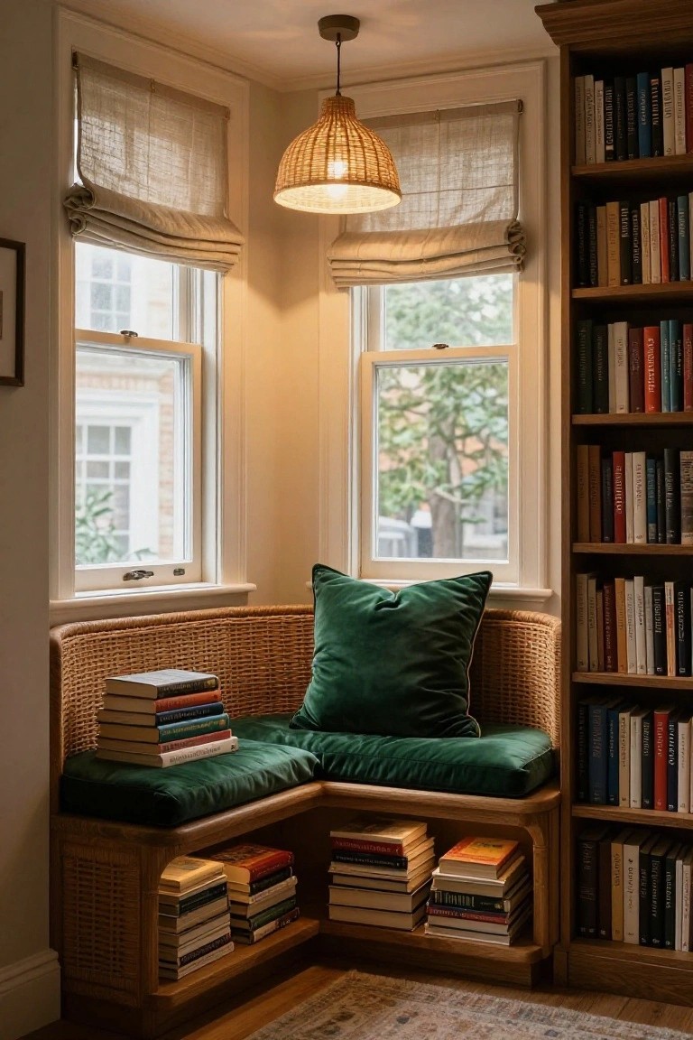 Corner window seat made of rattan with green velvet cushions and pillows, surrounded by wooden bookshelves filled with books, under a hanging woven rattan pendant lamp, with linen roman shades on the windows.