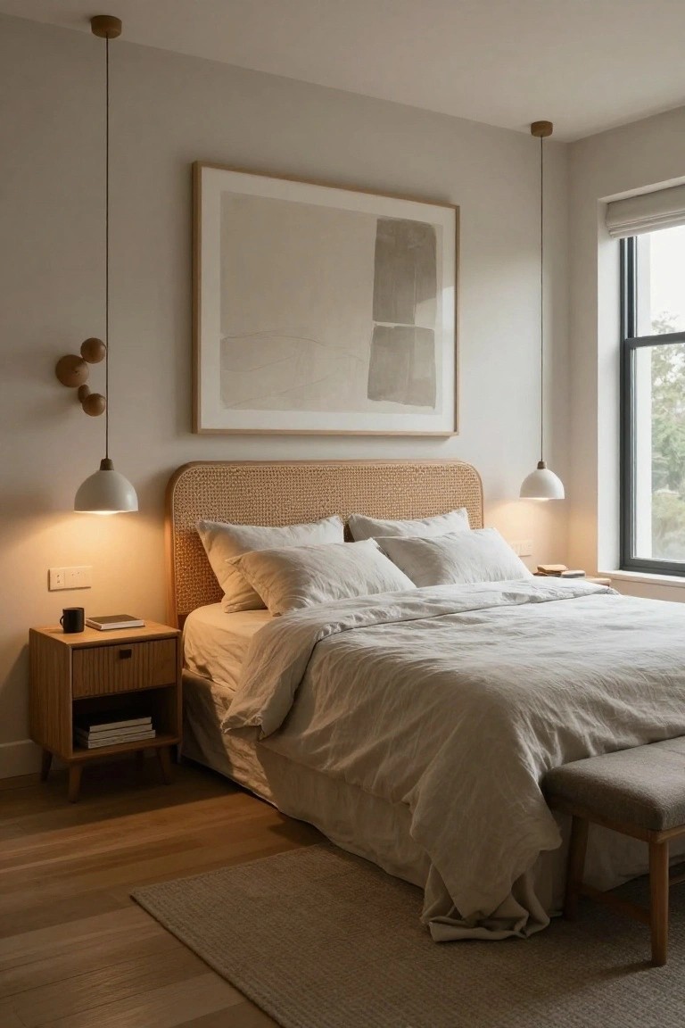 Bedroom interior with rattan headboard bed dressed in white linen bedding, wooden slatted nightstand holding books and mug, multiple hanging pendant lights including white globes and bulb strands, large framed abstract artwork on wall, window with roller blind, and light wood flooring with rug.