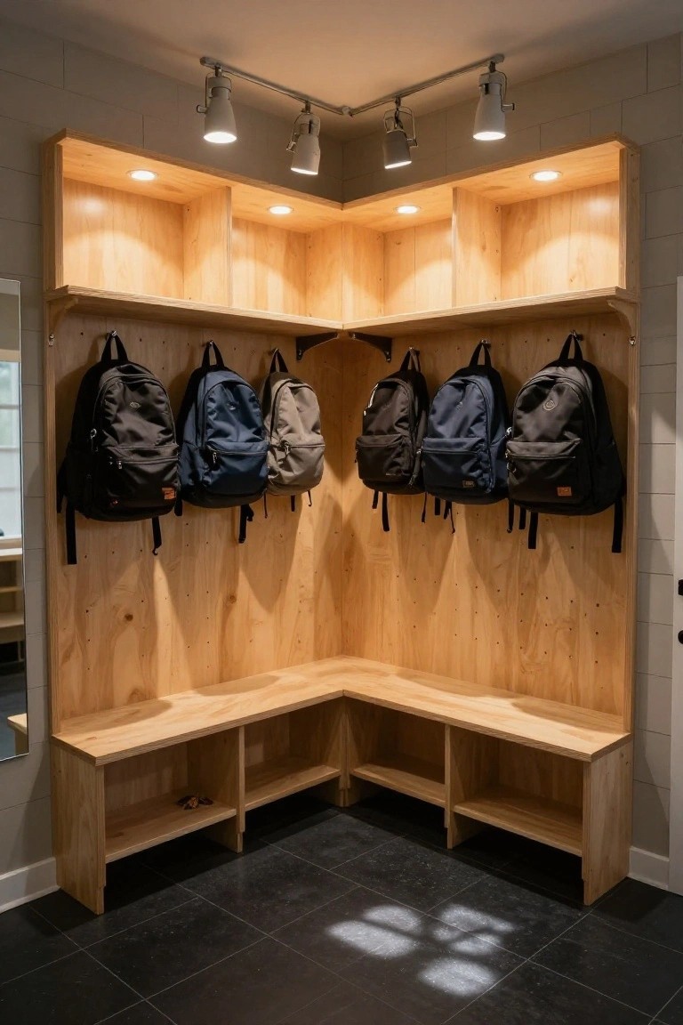 Corner wooden built-in cabinet with open shelves, recessed lights, hooks holding six backpacks in various colors, bench below, track lighting overhead, on black tile floor.