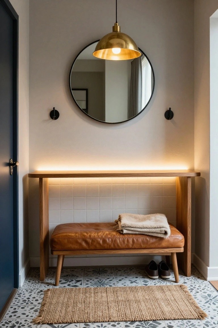 Narrow indoor entryway with oak console table lit by LED strip underneath, tan leather bench with beige blanket and shoes, round black-framed mirror above, brass pendant light, wall hooks, seagrass rug on white patterned tile floor, and blue door.