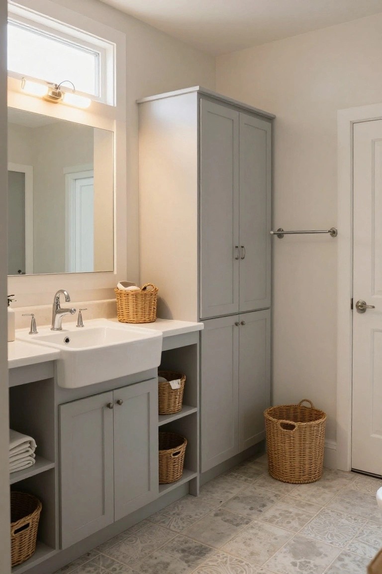 A bathroom vanity area with a white farmhouse sink, gray cabinets and tall cabinet, open shelves holding woven baskets and towels, a large mirror, wall sconce above a high window, towel bar, and white door.