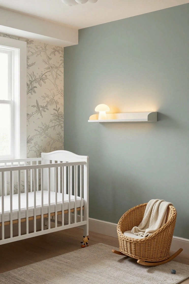 Nursery interior with white crib, wicker rocking chair with blanket, floral wallpaper on one wall, green accent wall, and white wall shelf with dome lamp and under-shelf lighting.