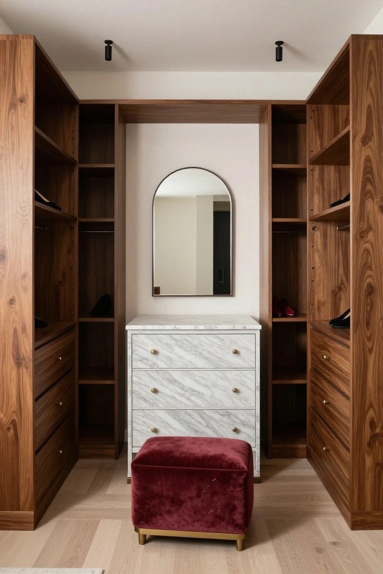 Symmetrical walnut wood wardrobes with open shelving, hanging rods, and shoes displayed, flanking a central marble four-drawer dresser with arched mirror and red velvet ottoman on oak flooring, under two black cylindrical ceiling spotlights.