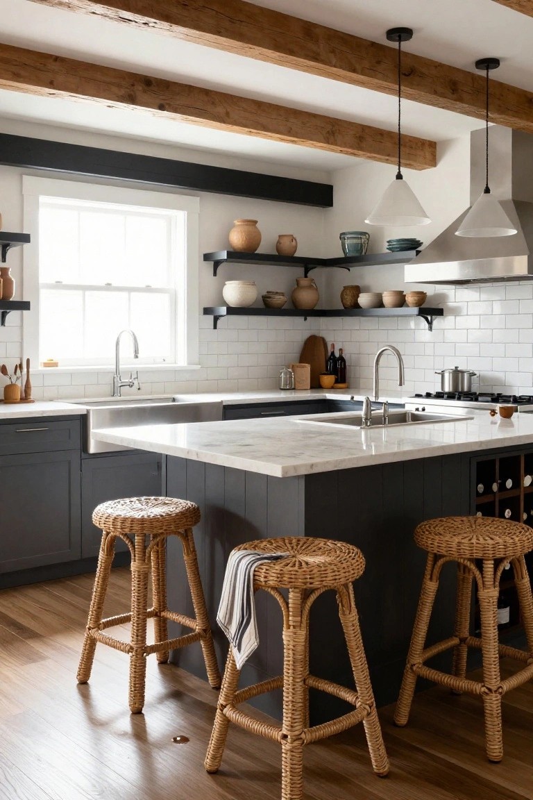 Kitchen with exposed wooden ceiling beams, two white conical pendant lights hanging over a white marble island with rattan stools, dark blue cabinets, white subway tile backsplash, and apron sink.