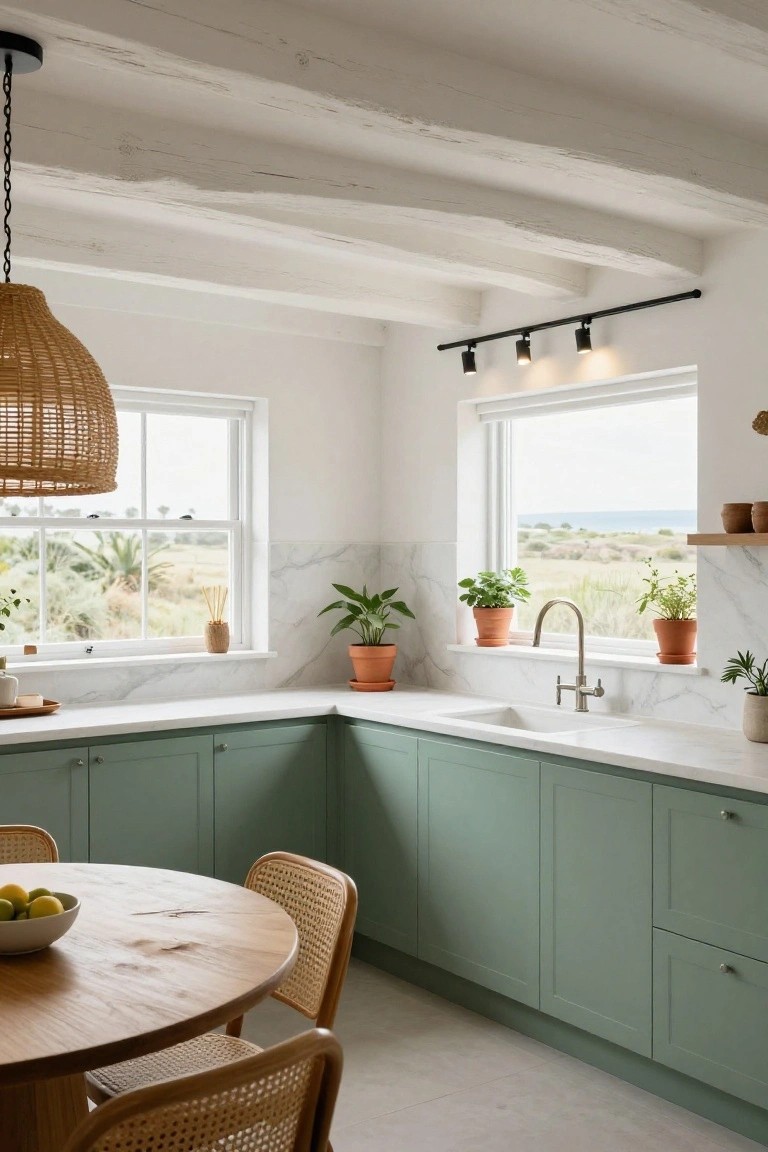 Kitchen with sage green cabinets, white marble counters and backsplash, exposed wooden beam ceiling with black track lighting and spotlights above the sink, large windows showing ocean view, potted plants on sills, wooden round table with rattan chairs, and pendant basket light.