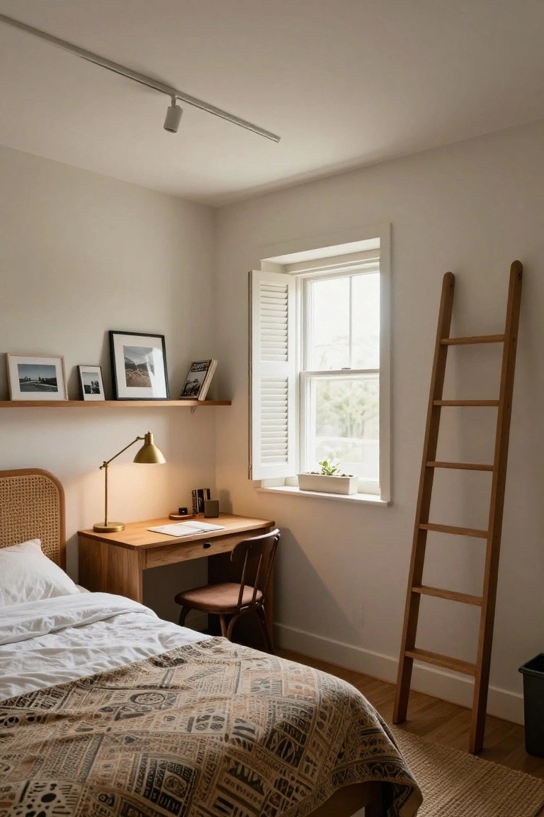 Bedroom corner with rattan headboard bed, wooden desk and chair, brass lamp, ladder shelf by shuttered window, and ceiling track lighting.